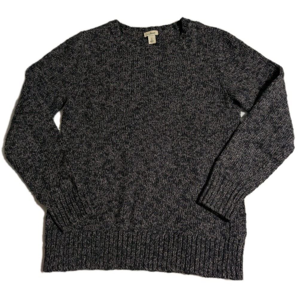 LL Bean Cotton Marled Knit Sweater Womens Small Gray Crewneck Fisherman Pullover